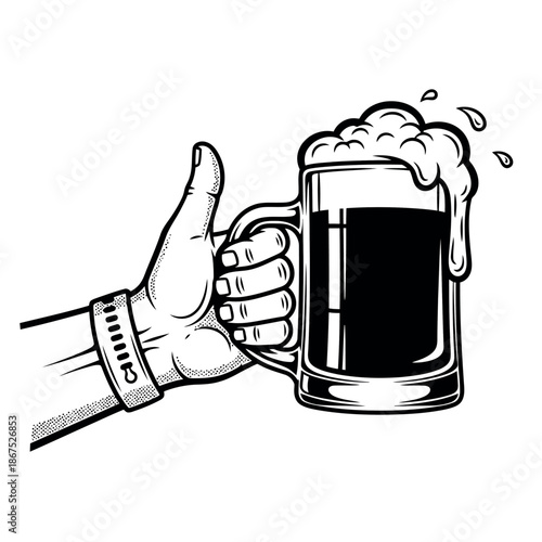 A hand giving a thumbs up while holding a full mug of dark beverage with foam