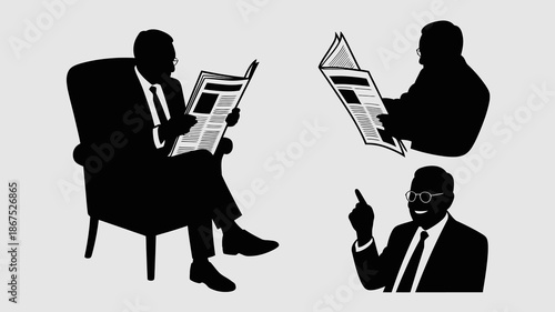 a striking silhouette illustration depicts two figures intently reading newspapers while a third man gestures thoughtfully creating a scene of discussion high quality professional detailed modern
