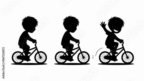 a series of silhouettes depicts three stages of a child riding a bicycle showing progression from starting to actively enjoying the ride high quality professional detailed
