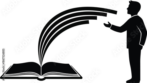 Hand holding a book silhouette, black vector icon style, simple shape, clean cut, white background