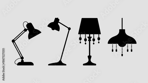 a minimalist depiction of four distinct lamp silhouettes in black against a neutral gray background showcasing diverse lighting designs high quality professional detailed modern elegant stylish