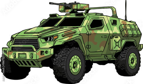 Detailed Military Armored Vehicle in Camouflage Vector Illustration
