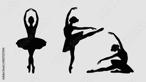 a graceful depiction of three ballet dancers in silhouette showcasing different poses of artistry and elegance in black high quality professional detailed modern elegant stylish clean