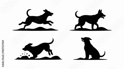 a collection of four black silhouette illustrations depicting dogs in various active poses including running jumping digging and sitting high quality professional detailed modern elegant stylish