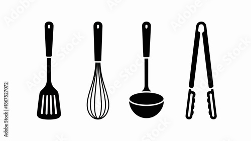 a minimalist depiction of kitchen utensils featuring a spatula whisk ladle and tongs in a monochrome style high quality professional detailed modern elegant stylish clean crisp
