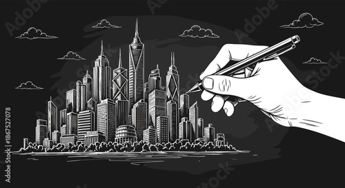A hand draws a detailed cityscape with tall buildings under cloudy skies.