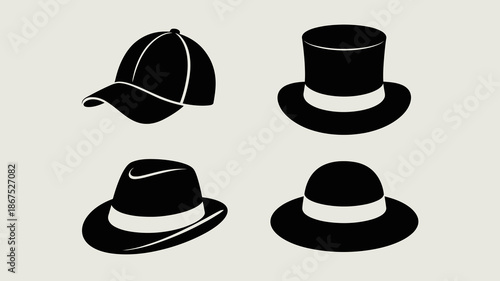 a simple illustration showcasing four distinct hat designs including a baseball cap top hat fedora and boater in black silhouettes high quality professional detailed modern elegant
