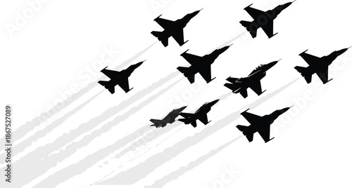 Fighter jets in formation, aerial display, military aircraft, precision flying, air show performance, contrails, teamwork, aviation power, synchronized flight, sky maneuver