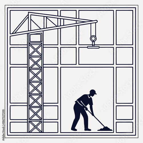 Construction worker sweeping in industrial setting