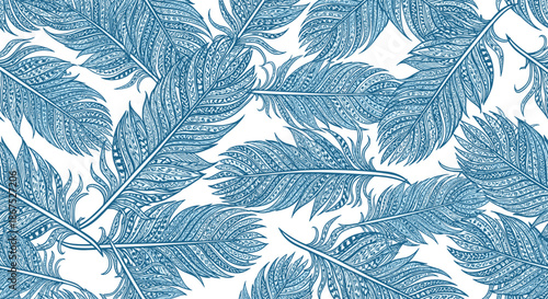 A close-up view of a seamless pattern of blue feathers on a white background.