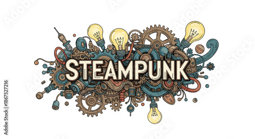 An intricate collection of gears lightbulbs and mechanical elements in a steampunk style.