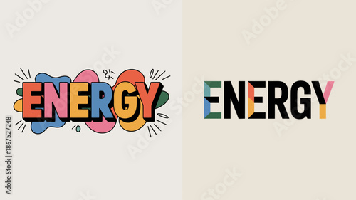 The image displays the word energy in vibrant colorful lettering accompanied by whimsical cloud shapes and a clean modern design high quality professional detailed elegant stylish