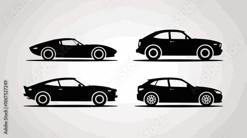a minimalist illustration showcases four distinct silhouettes of classic sports cars in a black and white scheme highlighting their sleek designs high quality professional detailed modern