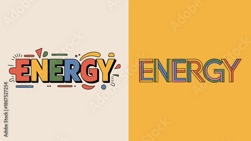 a vibrant and colorful illustration showcases the word energy displayed in two distinct styles against a split background high quality professional detailed modern elegant stylish clean