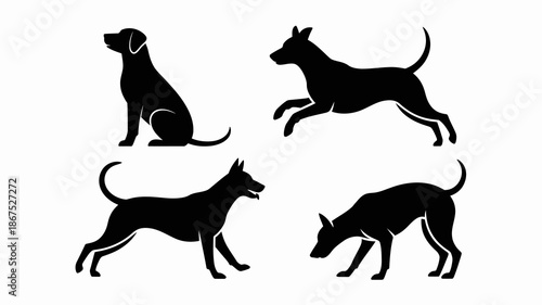 A collection of four distinct black silhouettes depicting dogs in various poses showcasing different breeds and activities high quality professional detailed modern elegant stylish clean crisp