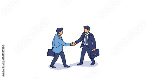 Two businessmen in suits shaking hands in agreement and partnership.