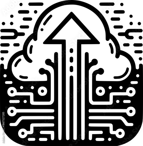 Cloud Computing and Data Upload: An illustration of a cloud with an upward arrow emerging from a network of circuit board pathways, symbolizing seamless data transfer and technological advancement.