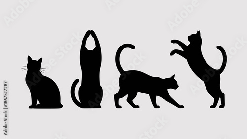 a minimalist depiction showcases four black silhouettes of cats in varying poses including sitting stretching and arched against a light gray background high quality professional detailed