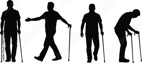 Elderly man walking with cane and walker silhouette set showing aging mobility support balance independence senior lifestyle concept