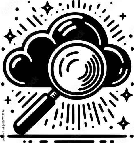 Cloud Data Discovery: An illustrative composition of a magnifying glass, positioned over a cloud graphic, conveys a sense of exploration and the act of searching for data within a cloud network.