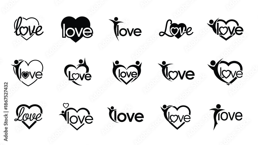 Fototapeta premium Collection of black love logos with hearts and people for valentine's day and romantic designs with romance and icon and graphic and symbol