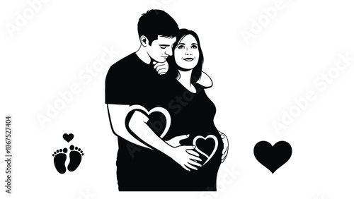 Loving couple expecting a baby with hearts and footprints illustration with expectant couple and love and pregnancy and romance and family