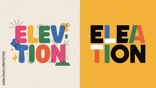 a vibrant split screen illustration displays the word elevation in colorful block letters with a playful whimsical design on one side high quality professional detailed modern