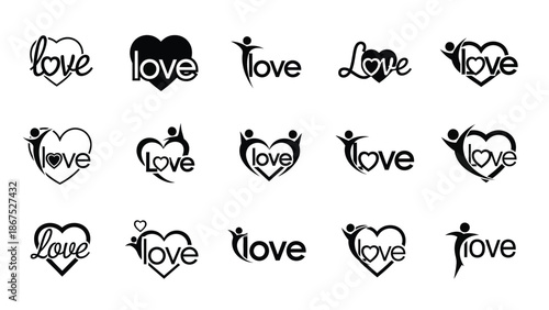 Collection of black love logos with hearts and people for valentine's day and romantic designs with romance and icon and graphic and symbol