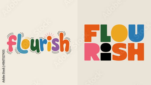 the image displays a creative typographic design featuring the word flourish in two distinct colorful variations offering a vibrant visual experience high quality professional detailed modern