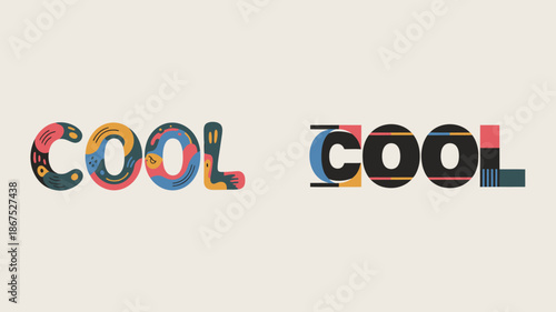 The image features the word cool displayed twice utilizing a vibrant and unique typographic design with colorful patterns high quality professional detailed modern elegant stylish clean