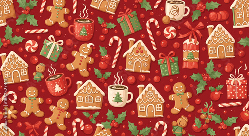 A delightful festive pattern featuring gingerbread cookies candy canes and gifts perfect for Christmas.