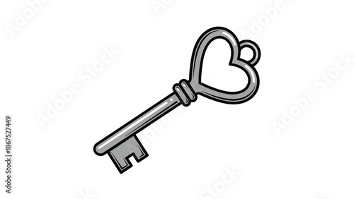 A silver key with a heart shaped bow on a white background with love and illustration and graphic and icon and symbol and lock and open and metal