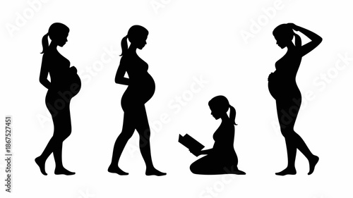 a silhouetted depiction showcases the stages of pregnancy from early development to full term alongside a mother reading to a child high quality professional detailed modern