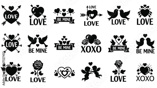 Collection of black valentine's day themed graphic illustrations with hearts love and romance symbols on white background with Valentine s Day