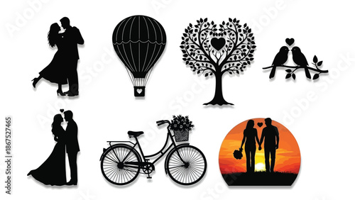 Romantic couples and love symbols in black silhouette on white background with hot air balloon tree bicycle and birds with valentine and wedding