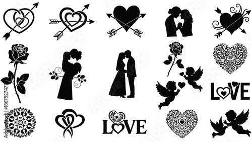 Black love icons and silhouettes of couples with hearts and roses on white background for valentine's day and romantic designs with valentine s day