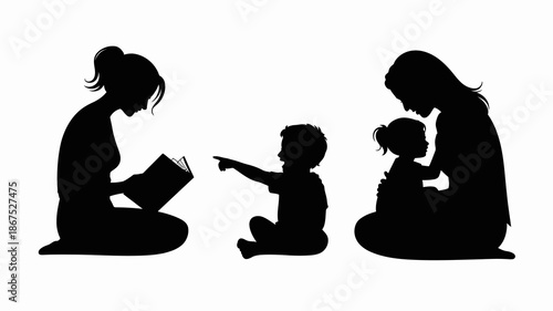 a silhouette of a mother reading to her children showcasing family bonding literacy and a cozy domestic scene emphasizing parental love high quality professional detailed modern