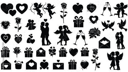 Black silhouettes of romantic icons including hearts couples cupid roses gifts and champagne on white background for valentine's day or love themed designs and decorations