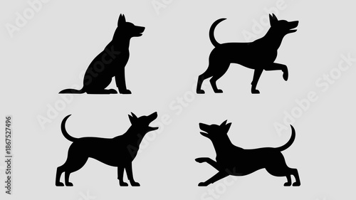 a minimalist illustration depicts four black silhouettes of small dogs in various poses showcasing their unique forms and postures against a neutral background high quality professional