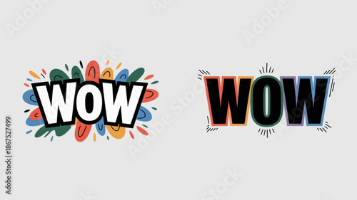 The image presents two distinct typographic displays of the word wow one vibrant and colorful while the other is stark and monochrome high quality professional detailed