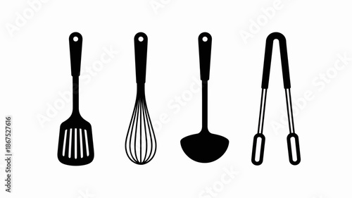 a minimalist illustration displays four distinct black kitchen utensils arranged horizontally showcasing a spatula whisk ladle and tongs high quality professional detailed modern elegant stylish clean