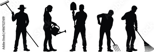 Garden workers silhouette set showing raking watering digging planting cleaning outdoor labor agriculture landscaping and environmental care concept