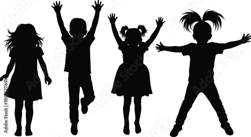 Happy children jumping silhouette group showing joy freedom play celebration childhood innocence energy fun and active lifestyle concept