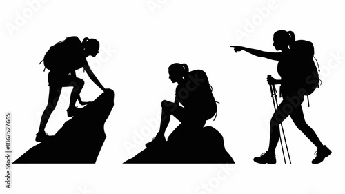 a silhouette illustration depicts three hikers in various poses along a rocky terrain showcasing the challenges and beauty of mountain exploration high quality professional detailed modern