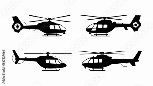 a sleek illustration depicts four distinct silhouettes of helicopters showcasing varied perspectives and design elements in black high quality professional detailed modern elegant stylish clean crisp