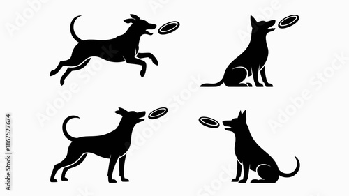 a minimalist depiction features four silhouettes of dogs in various playful poses seemingly engaged in a game of frisbee or fetch high quality professional detailed modern