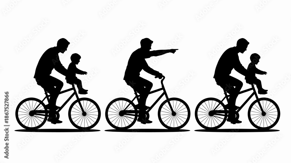 Obraz premium a silhouette depiction of three bicycles in a row shows families enjoying outdoor recreation with parents and children riding together high quality professional detailed modern elegant
