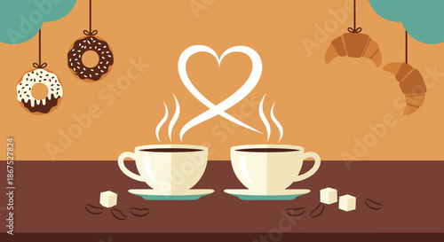 Charming coffee shop scene with two steaming cups of coffee, a heart made of steam, and hanging donuts and croissants in the background.