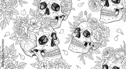 Gothic skull floral seamless pattern with dark romantic elements.