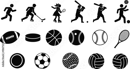 Sports icons, athlete silhouettes, sports equipment, black and white, vector illustration, fitness symbols, ball collection, sporting gear, graphic design, recreation